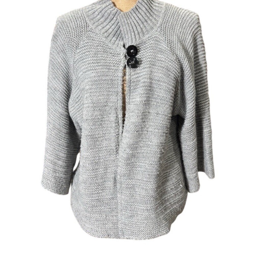Denim & Co. Cardigan Sweater Womens XL Heather Gray Textured Knit Mock